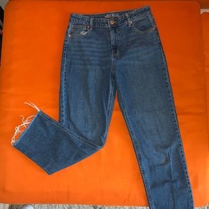 High rise dark blue straight leg jeans size 8.